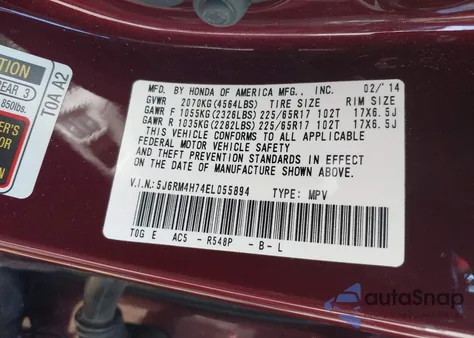 2014 Honda Cr-V Ex-L z USA, uszkodzony, nr VIN 5J6RM4H74EL055894